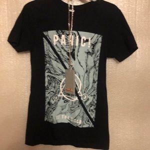 Panic at the Disco Mens size small black t-shirt with back stage chain lanyard
